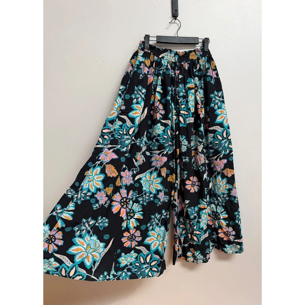 Free People Take It Easy Lounge Pants Floral Black Boho Palazzo Wide Leg Pockets